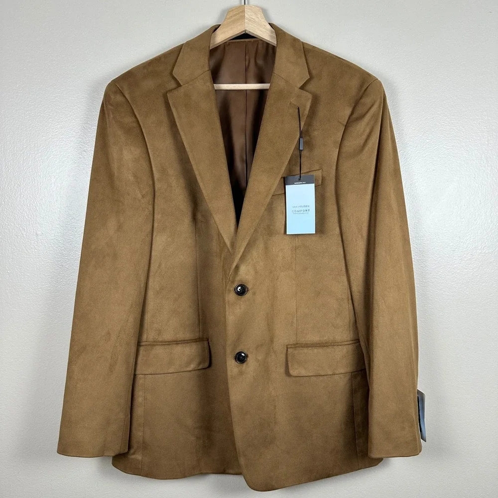 Van Heusen Men's 40R Sport Coat Dark Camel Faux Suede Modern Fit‎ Blazer